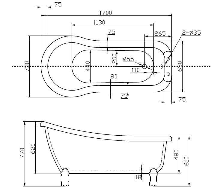 Акриловая ванна BelBagno BB20-1700 168x72 см