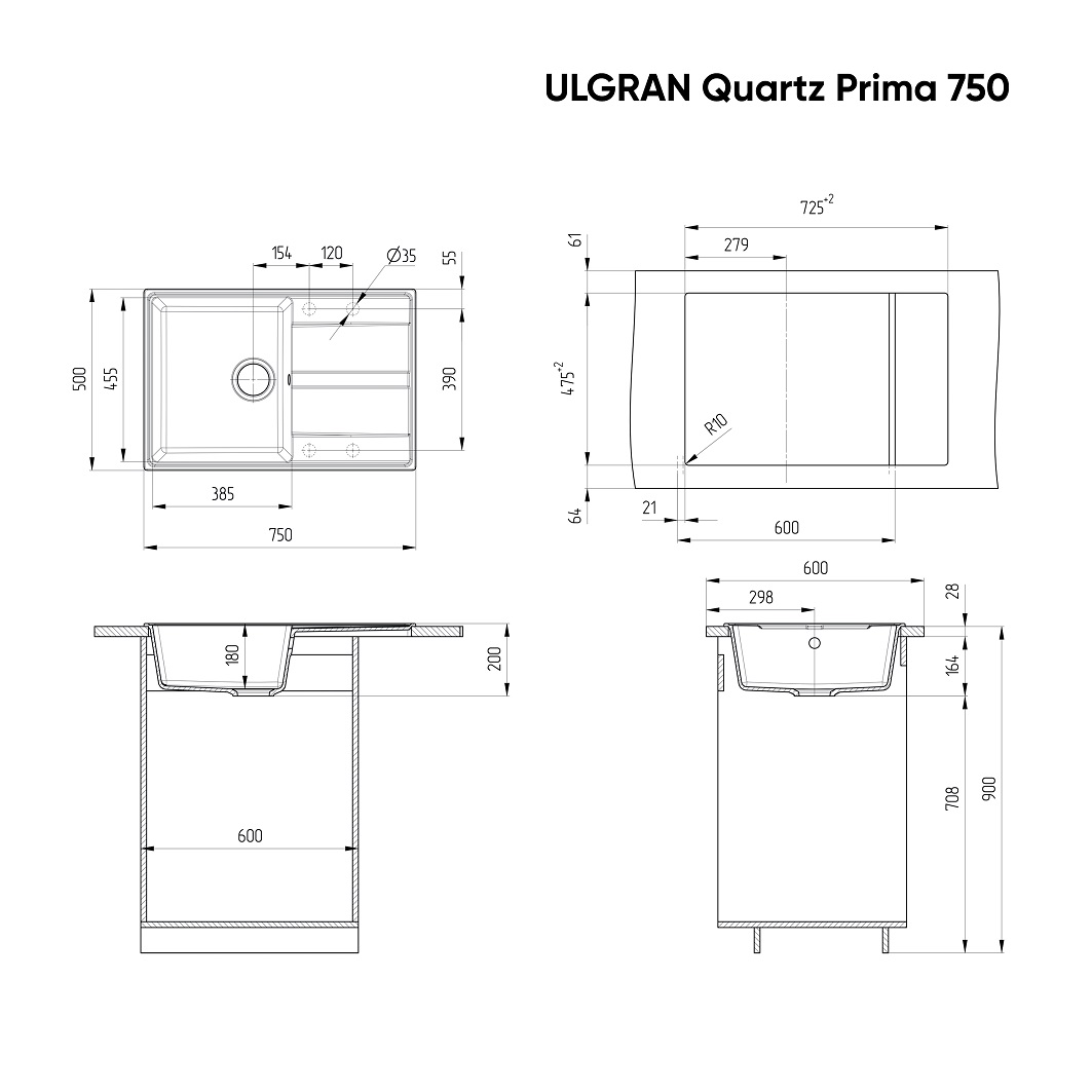 Кухонная мойка Ulgran Quartz Prima 750-02 75 см лен