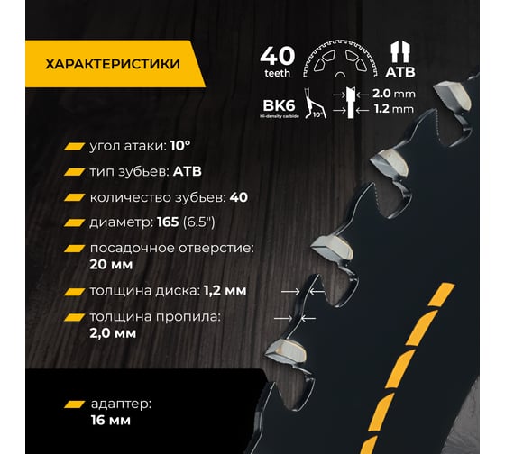 Диск пильный RAGE Furious Wood Finish 165 мм 40 зубьев посадка 20 мм + кольцо 16 мм 594249