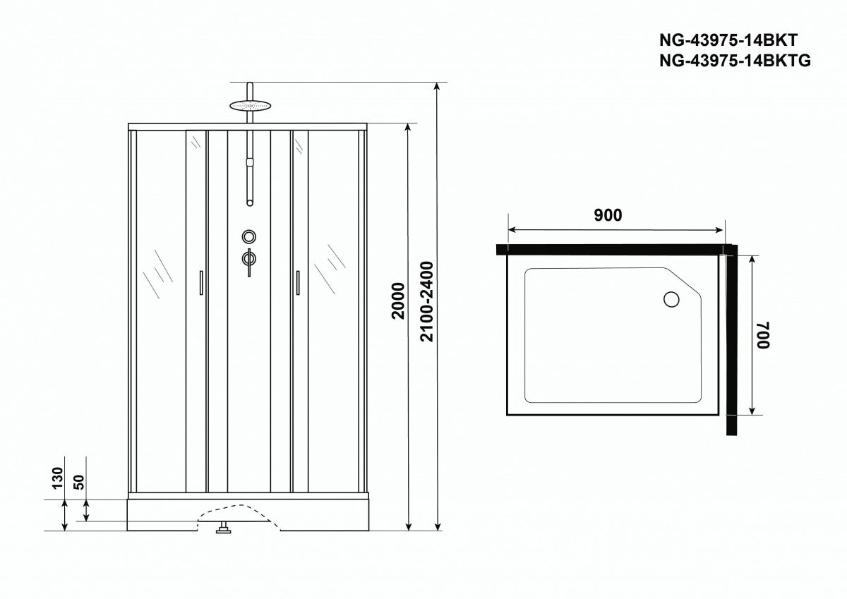 Душевая кабина Niagara NG 43975-14QBKTG 90x70 стекло матовое, без крыши, тропический душ, гидромассаж