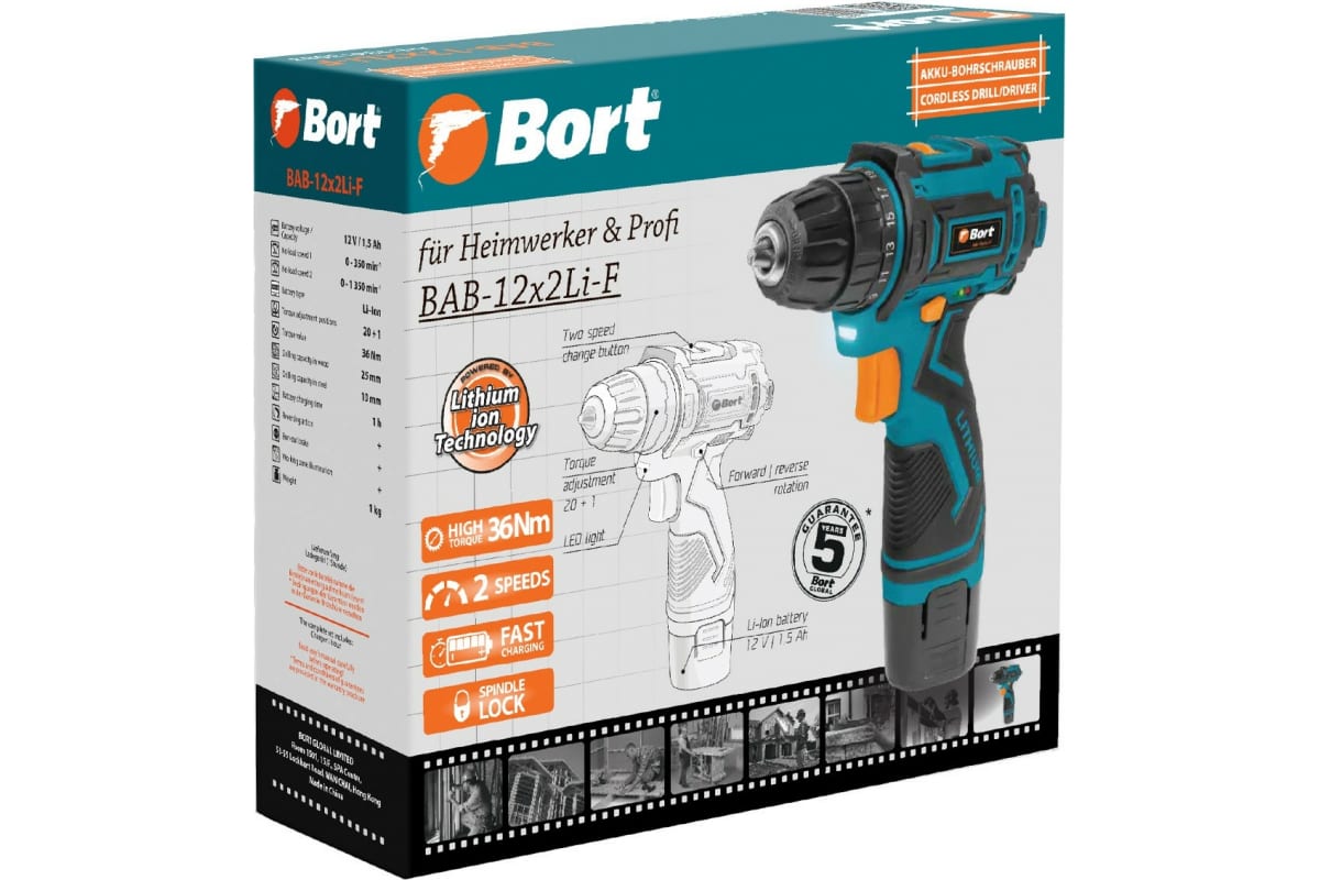 Аккумуляторная дрель-шуруповерт Bort BAB-12x2Li-F 93413083