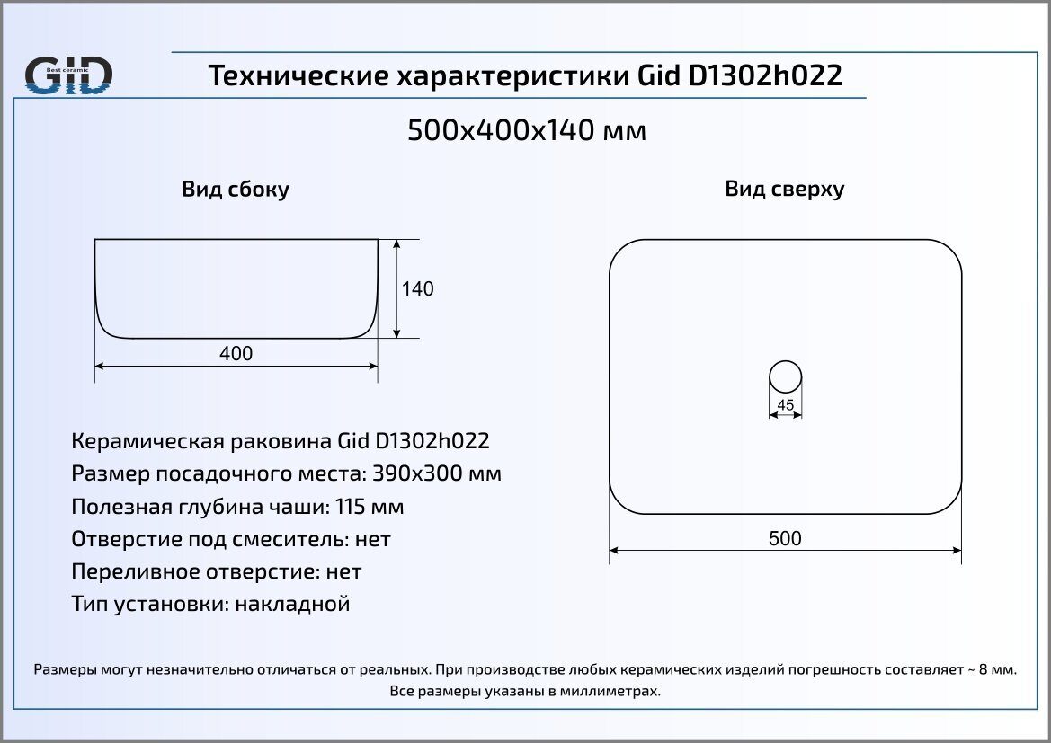 Раковина Gid LuxeLine D1302h022 50.5 см черный/золотой