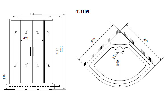 Душевая кабина Timo Standart T-1109 90x90, с г/м, тонированные стекла, хром