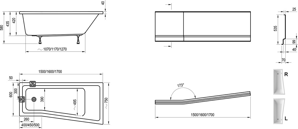 Фронтальная панель Ravak BeHappy II 170x58 L CZ94100A00