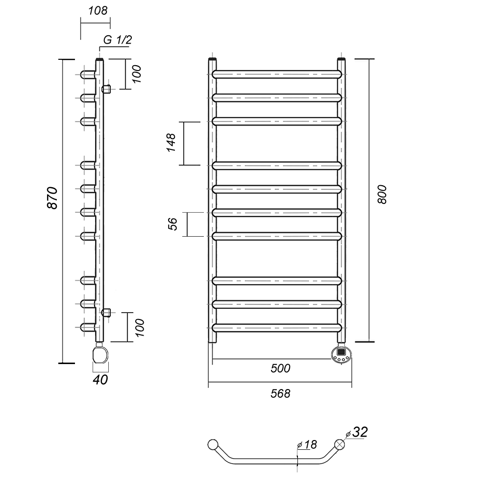 Полотенцесушитель электрический Domoterm Лаура П10 500x800 ER ТЭН справа, хром