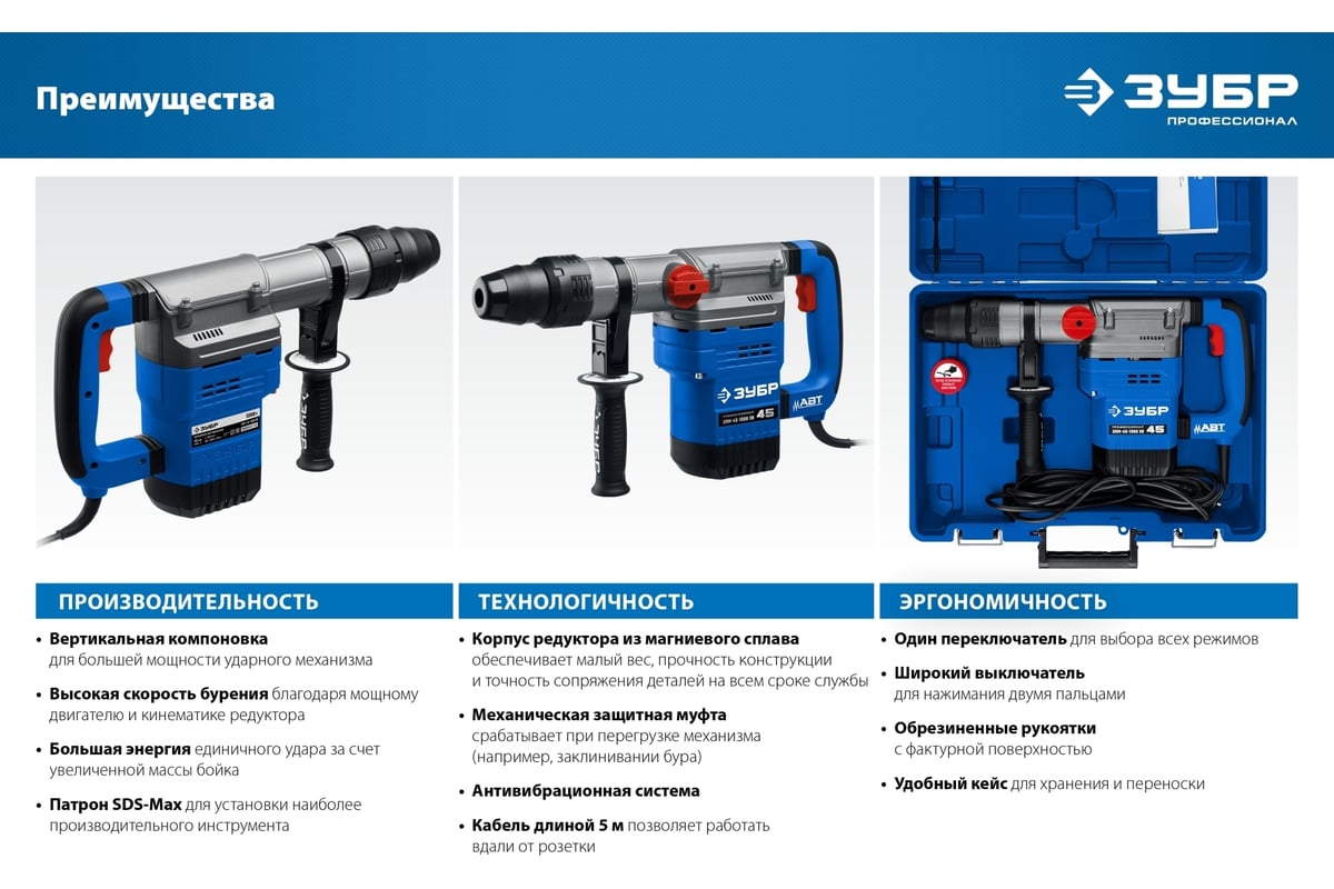 Перфоратор Зубр Профессионал SDS Max 1350 Вт, 45 мм ЗПМ-45-1350 ЭВ