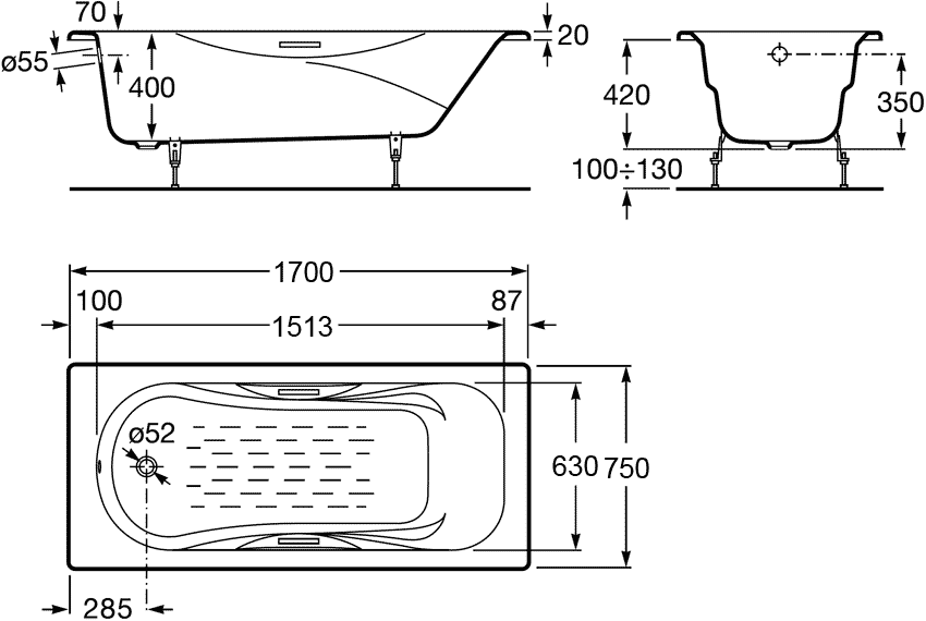 Чугунная ванна Roca Malibu 170x75 см 2309G000R с отверстиями для ручек, с антискользящим покрытием