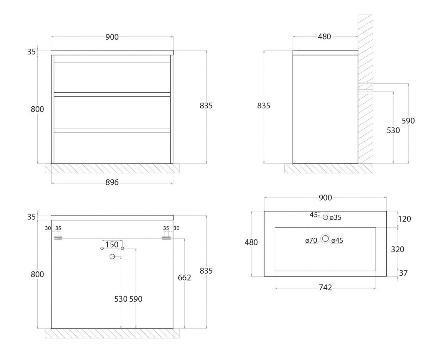 Тумба с раковиной Art&Max Family-M 90 см, 3 ящика