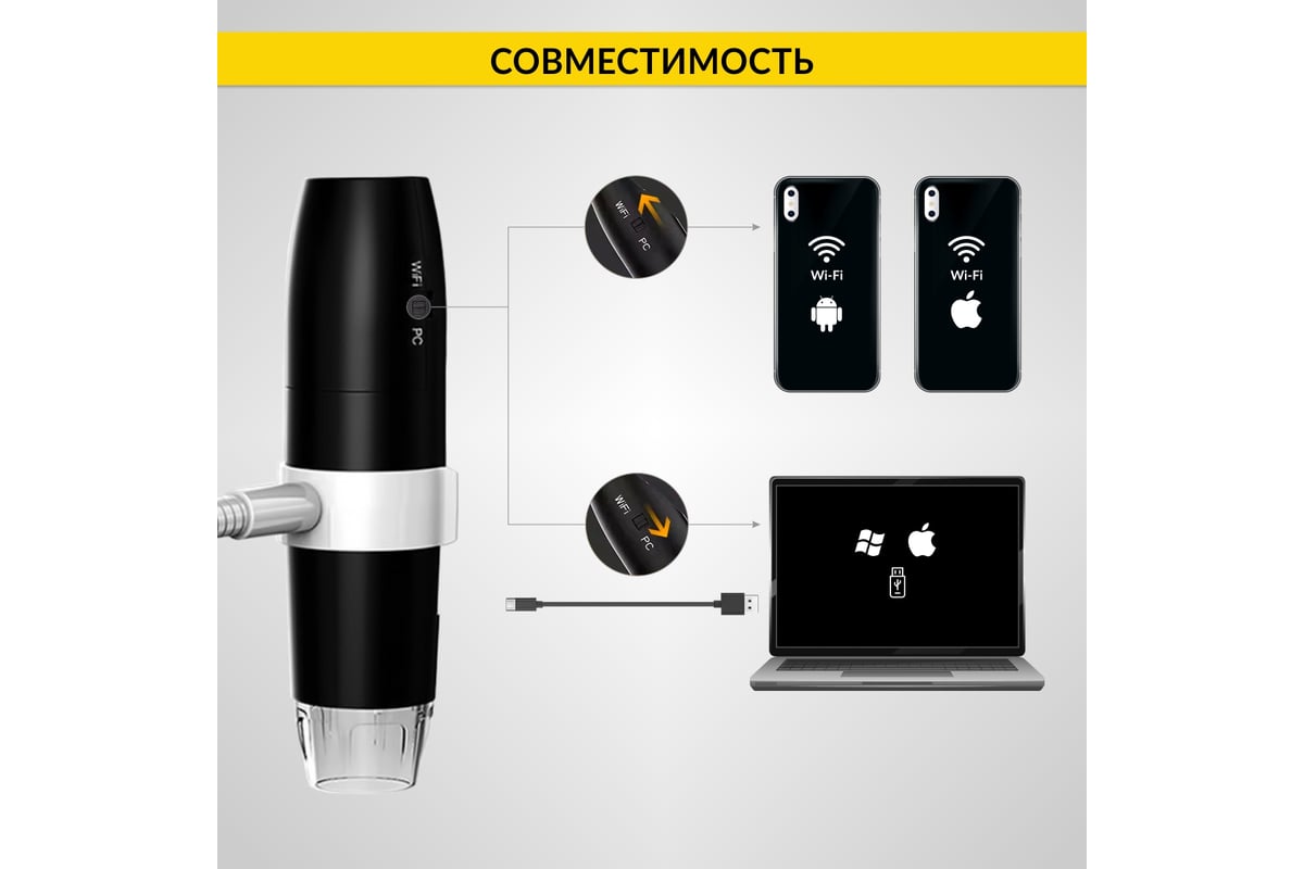 Цифровой беспроводной микроскоп iCartool WIFI/USB, 2Мп, 1000X, 1920x1080 IC-V316