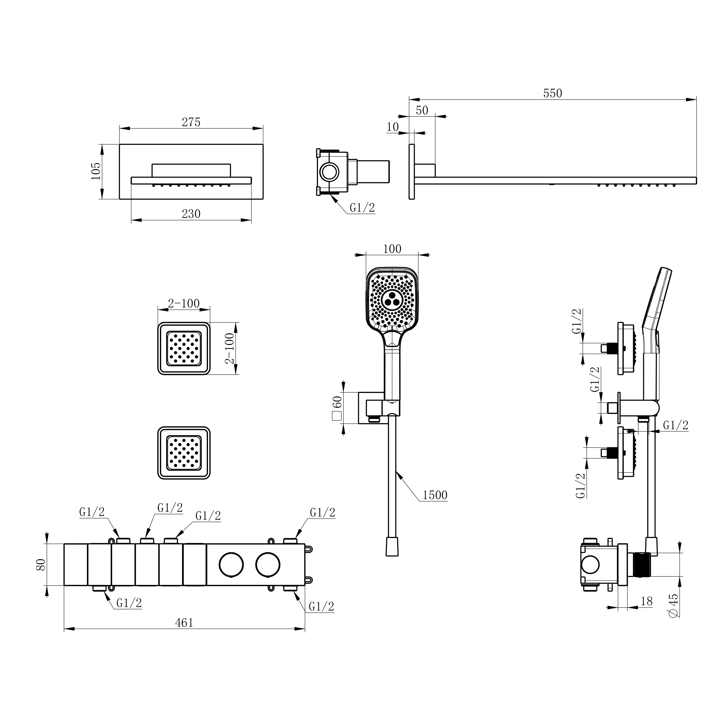 Душевой набор Wonzon&Woghand WW-D4538-A-MB термостат, черный матовый