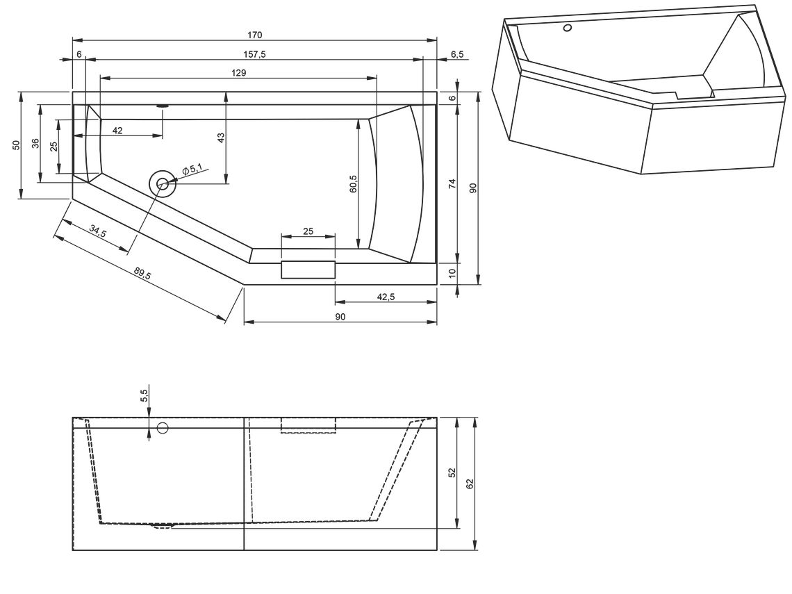 Акриловая ванна Riho Geta Plug & Play 170x90 L с монолитной панелью