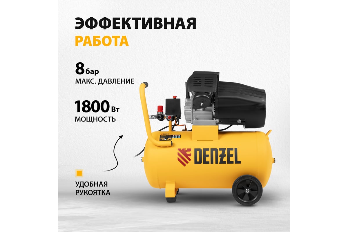 Воздушный компрессор Denzel прямой привод, dcv1800/50, 1,8 квт, 50 литров, 320 л/мин 58168