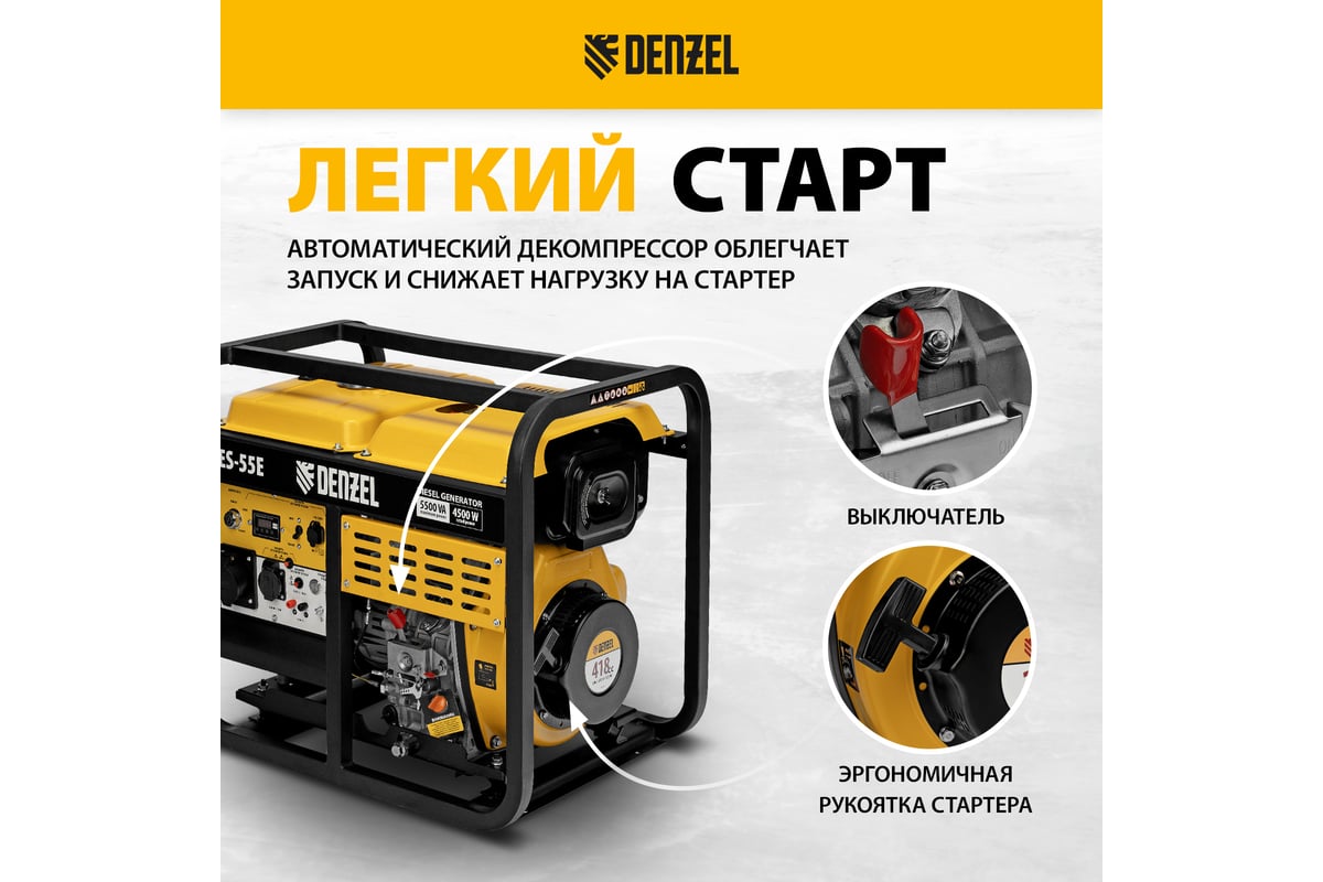 Дизельный генератор Denzel DES-55E 5.5 кВт, 230 В, 11 л, электростартер 94414