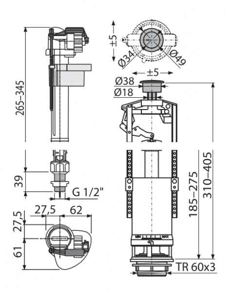 Выпускной комплект AlcaPlast SA2000S 1/2" со стоп кнопкой