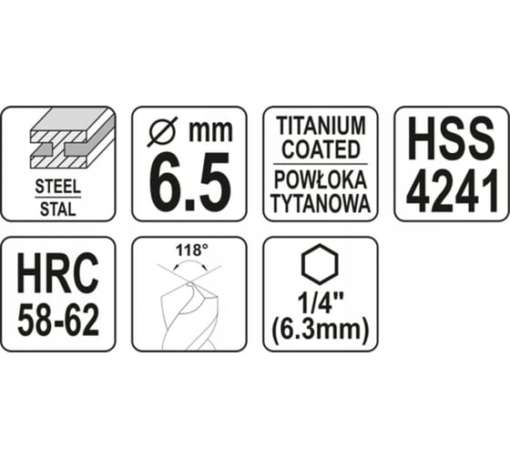 Сверло Yato фрезеровальное по металлу 6,5мм hss-tin hex YT-44824 364844824 092 1