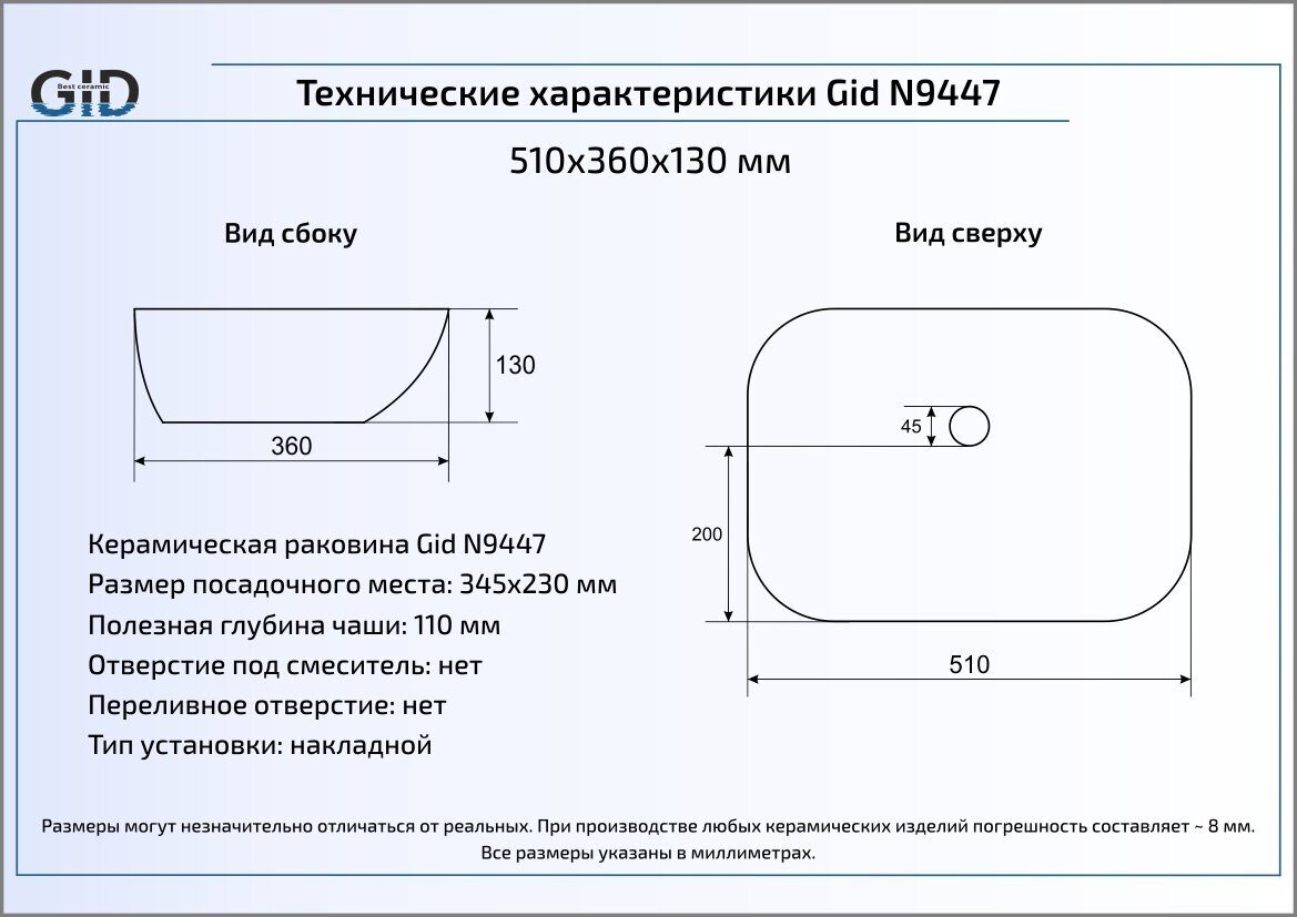 Раковина Gid N9447 51 см