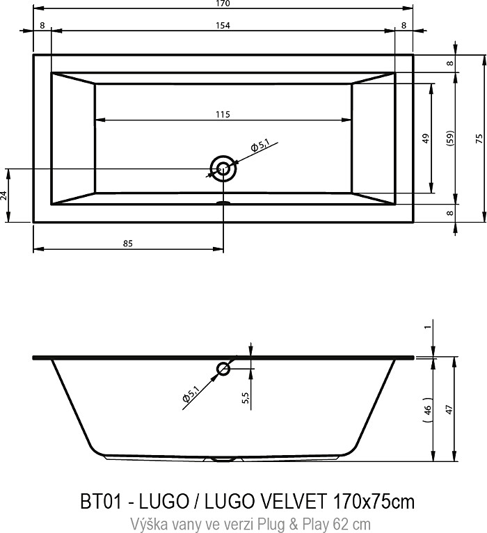 Акриловая ванна Riho Lugo Plug&Play 170x75 см L с монолитной панелью B132016005