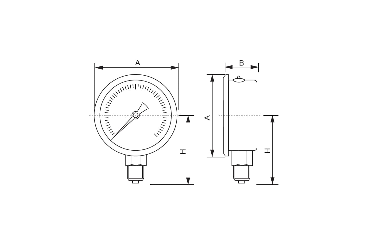 Манометр от 0 до 1 бар из нержавеющей стали, D63 мм, NPT 1/4", штуцер снизу A-Flow G20-S-4N-63A-1bar