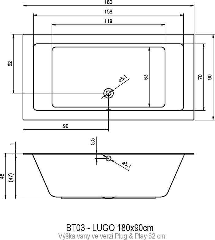 Акриловая ванна Riho Lugo Plug&Play 180x90 см L с монолитной панелью