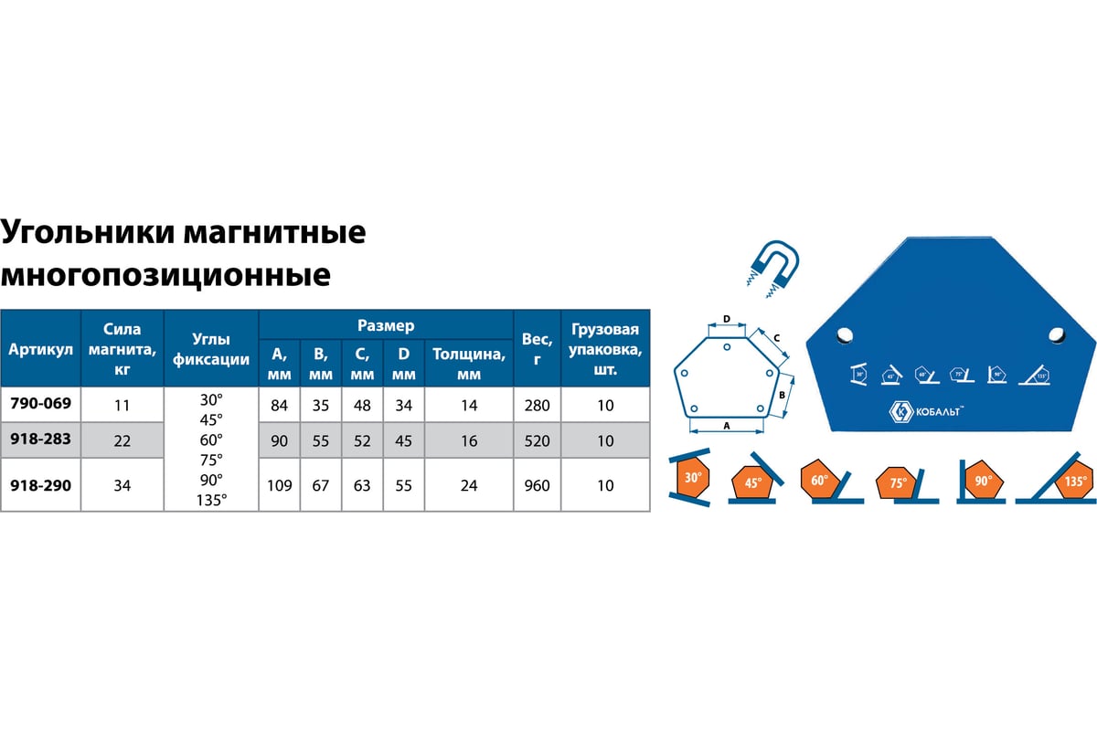 Угольник магнитный многопозиционный (145х110 мм; 6 углов; до 34 кг) КОБАЛЬТ 918-290