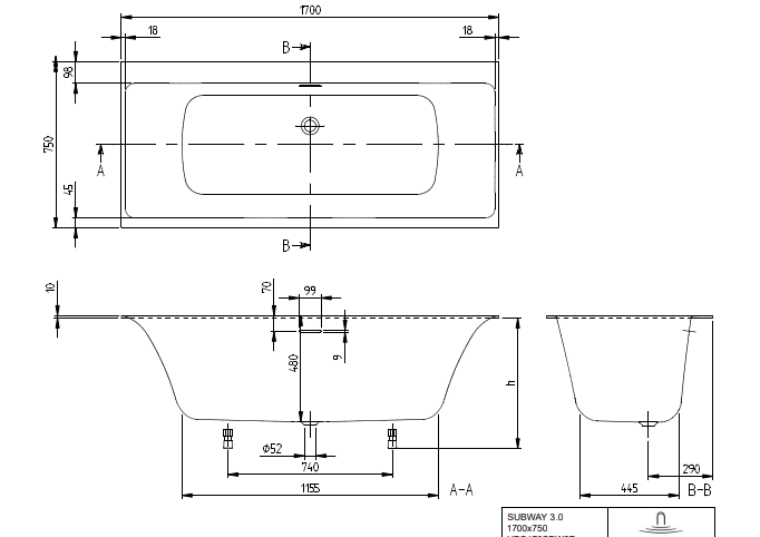 Квариловая ванна Villeroy&Boch Subway 3.0 UBQ170SBW2DV-01 170x75 см