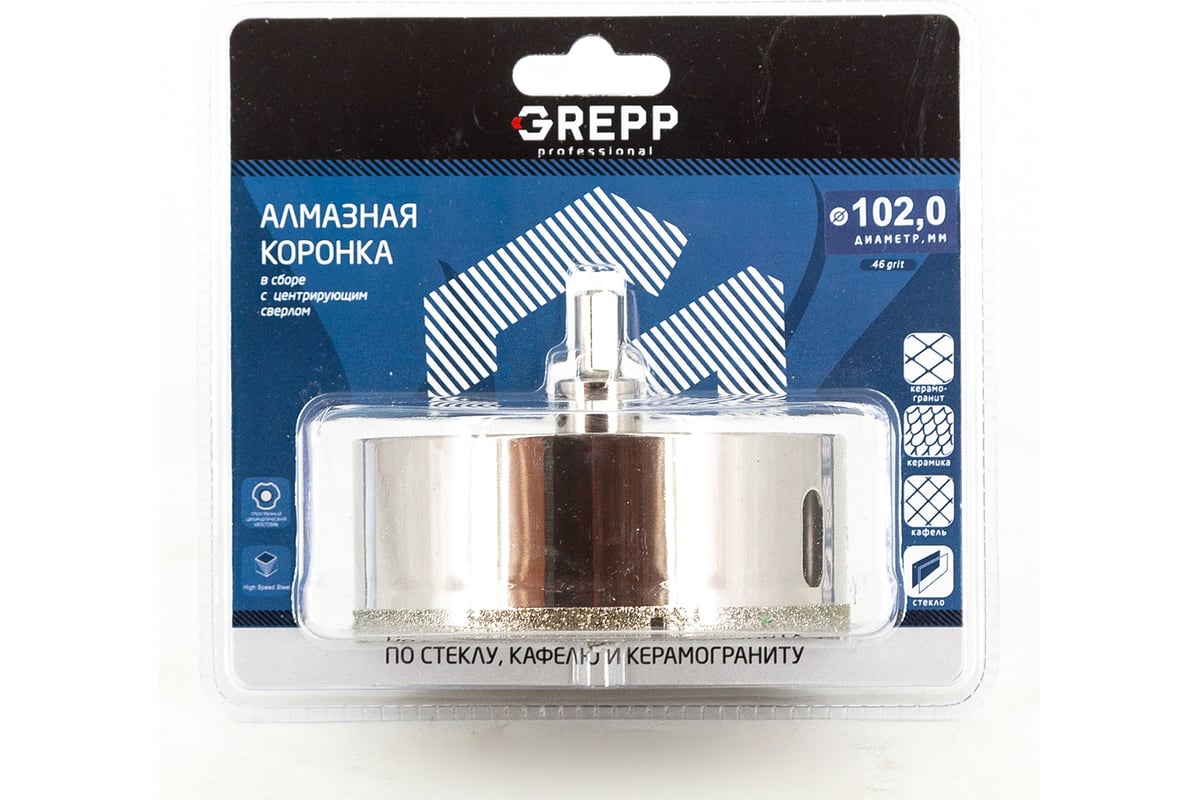 Коронка алмазная сверлильная для стекла, мрамора, керамогранита, кафеля 102 мм GREPP 403-0102