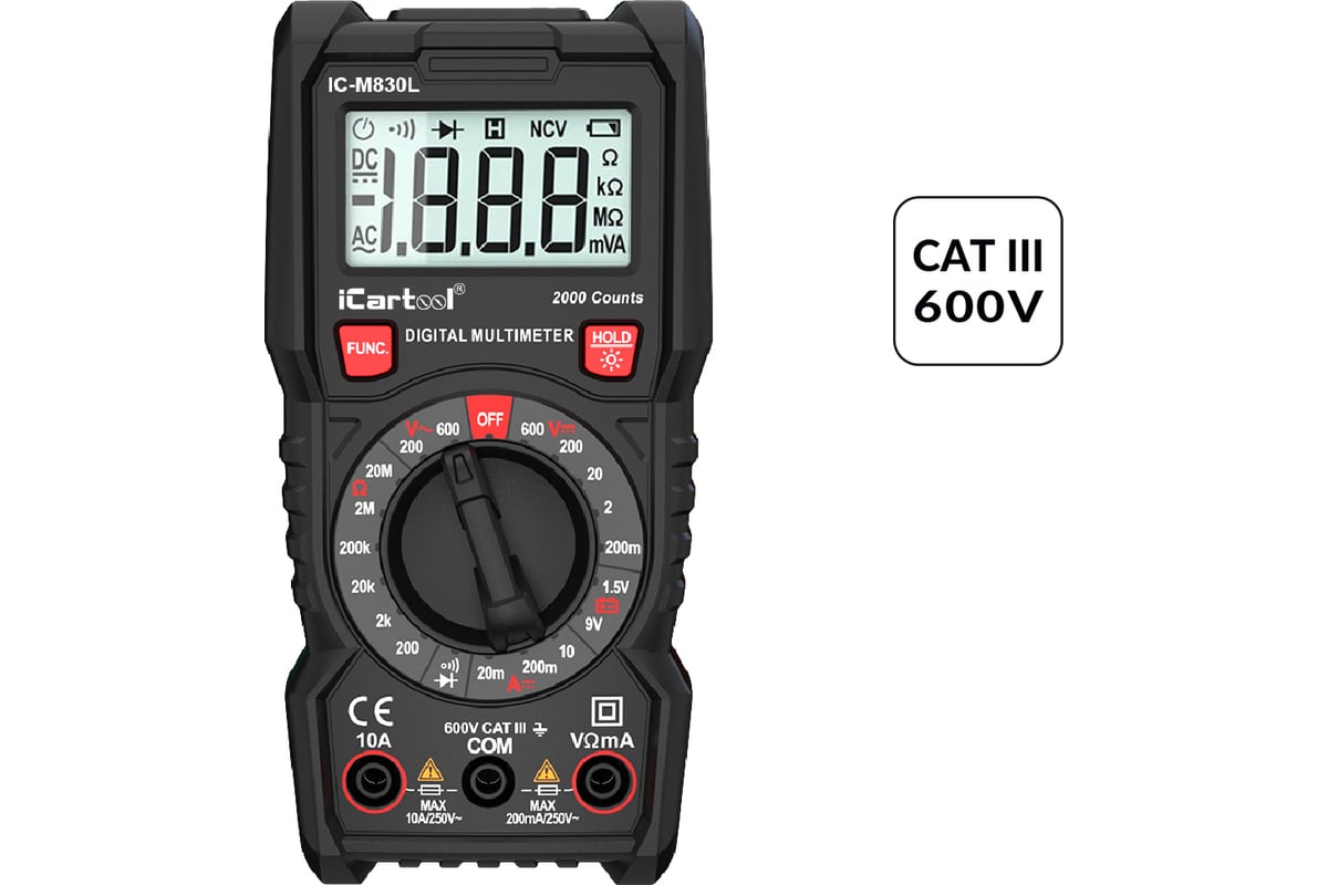 Цифровой мультиметр iCartool с подсветкой экрана, CATIII, 600 V IC-M830L