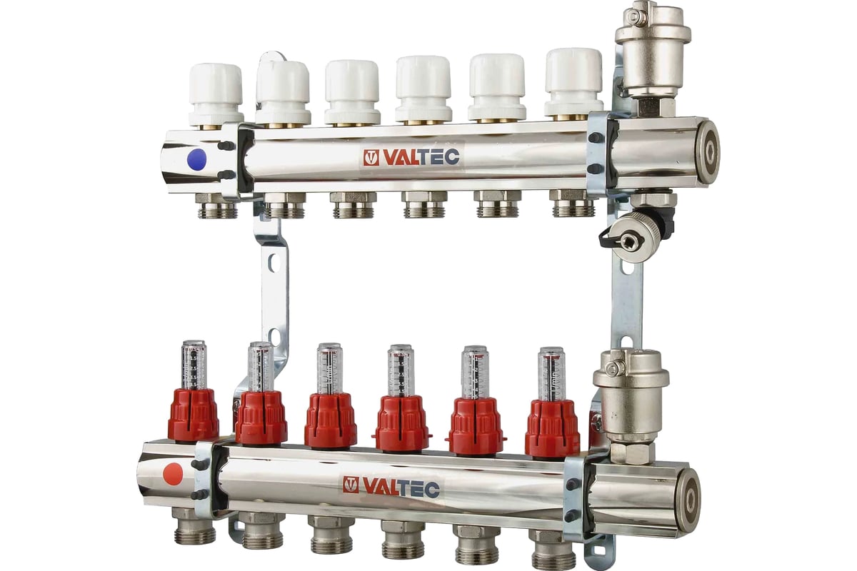 Коллекторная группа Valtec 1x7 выходов евроконус 3/4" со встроенными расходомерами в сборе VTc.596.EMNX.0607