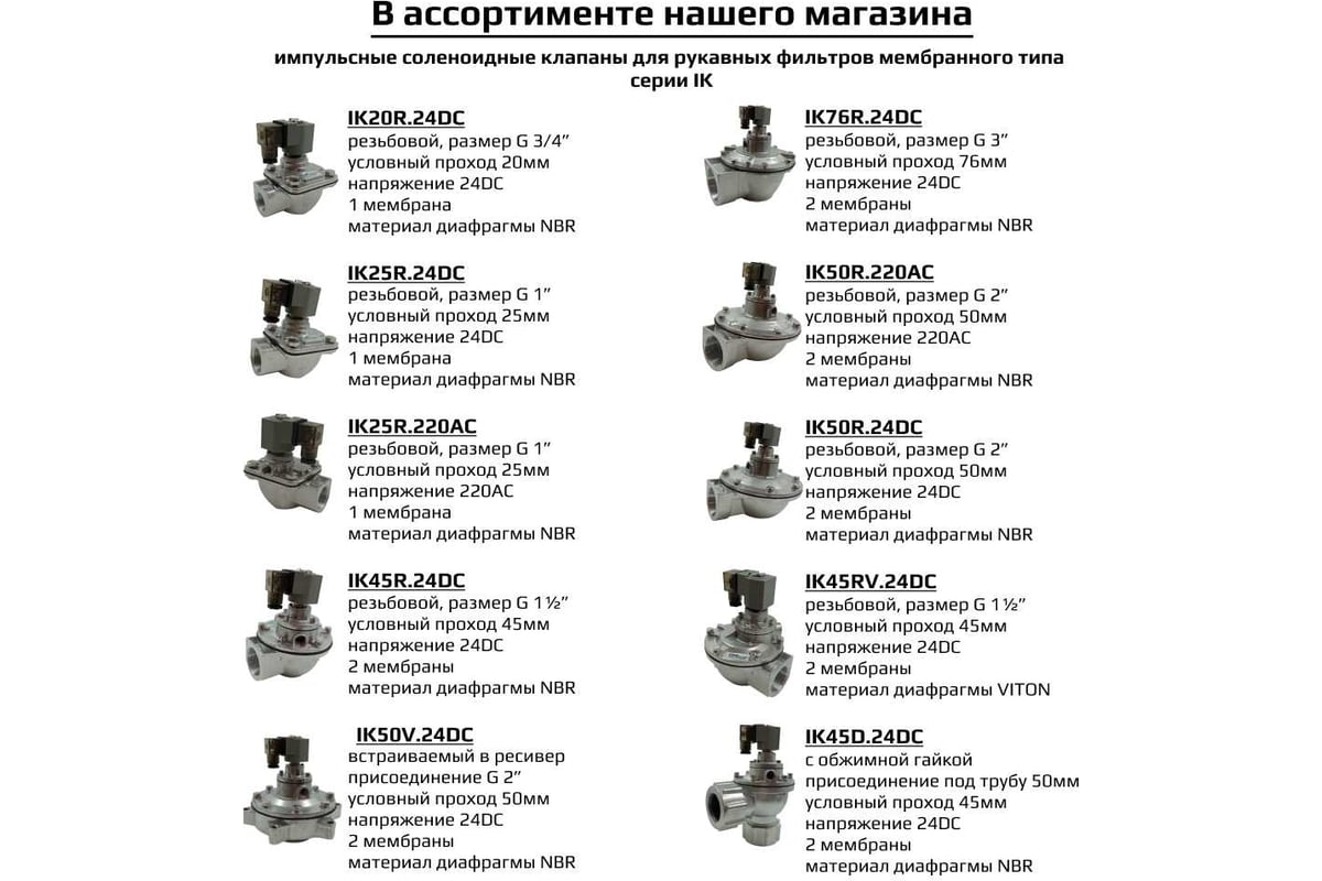 Импульсный электромагнитный клапан для рукавных фильтров ArTorq IK25R.24DC мембранного типа, резьбовой, диафрагма NBR