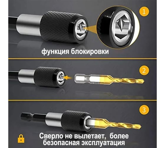 Набор из 13 комбинированных сверл и метчиков Vitatools из быстрорежущей стали 1/4 дюйма с быстросменным адаптером nabor-13-kombinirovannyh-sverl