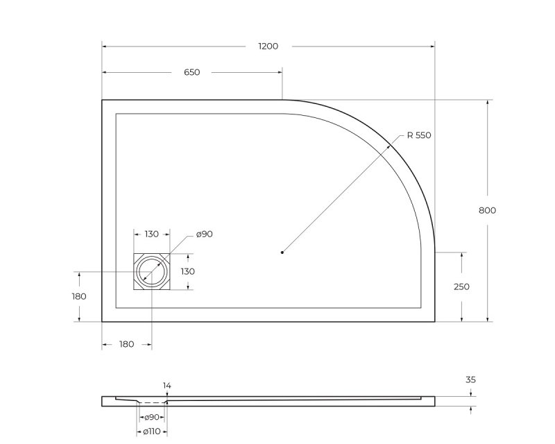 Поддон для душа BelBagno TRAY-MR-UNO-RH-120/80-550-35-W-R-NO 120x80 четверть круга, правый, накладка черный