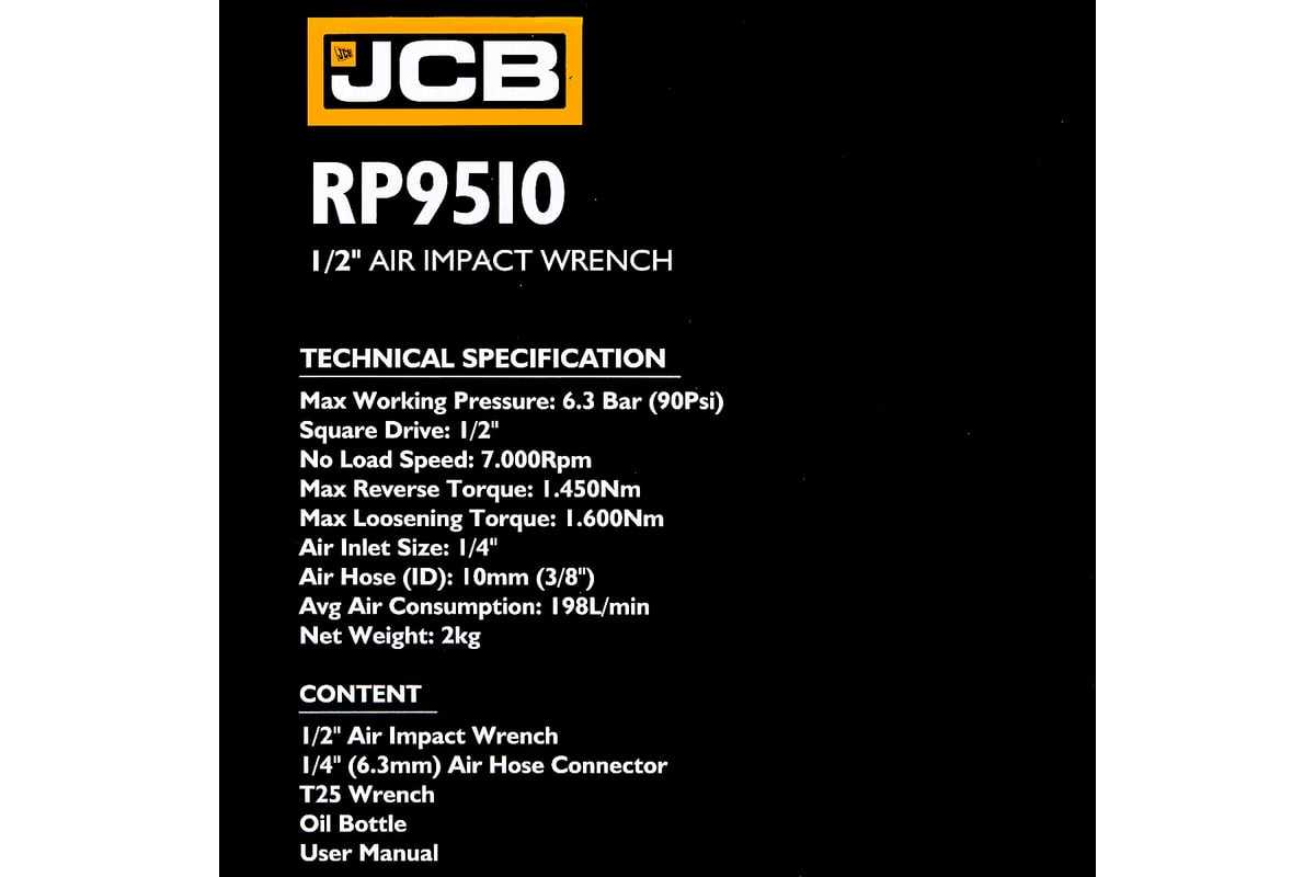 Пневмогайковерт ударный JCB "Twin Hammer" с реверсом и регулировкой усилия 1/2" JCB-RP9510(58327)