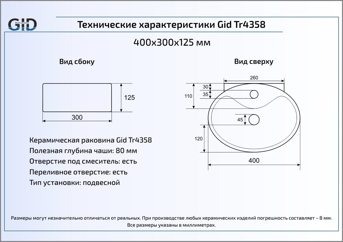 Раковина Gid Tr4358 40 см