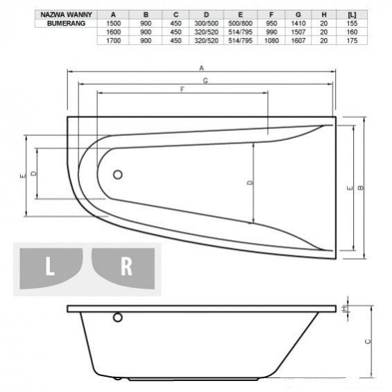 Акриловая ванна Vayer Boomerang 170x90 R