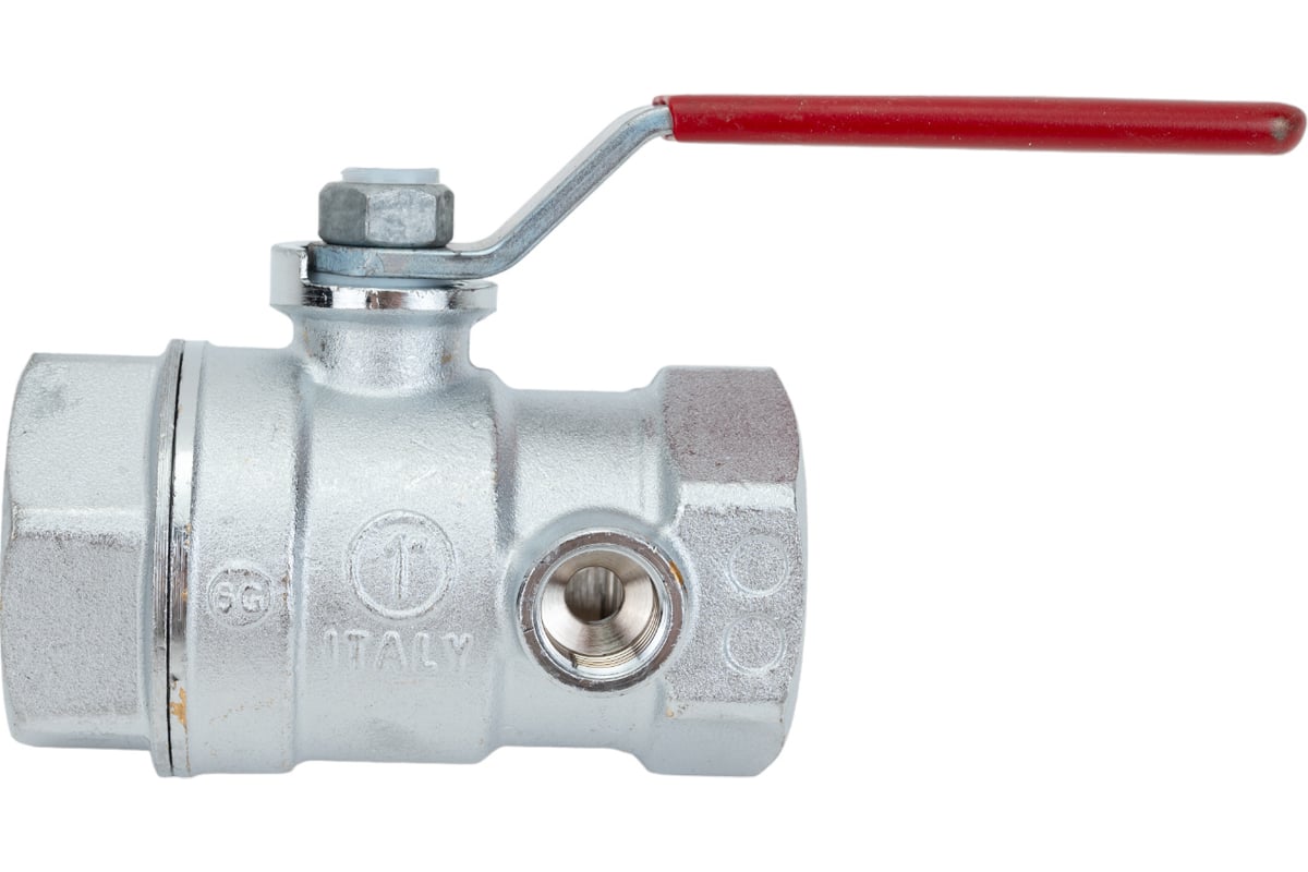 Шаровой кран Giacomini R250DS, 1", ВВ, ручка-рычаг красный, хромированный, со сливом R250SX005