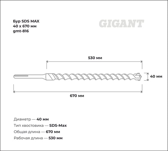 Бур SDS MAX 40x670 мм Gigant gmt-816