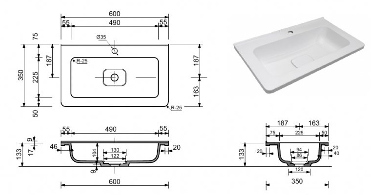 Тумба с раковиной Style Line Бергамо мини Люкс Plus 60 см подвесная