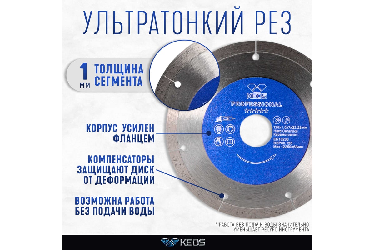 Диск алмазный ультратонкий по керамограниту Professional Ultra (125х1х22.23 мм) KEOS DBP00.125