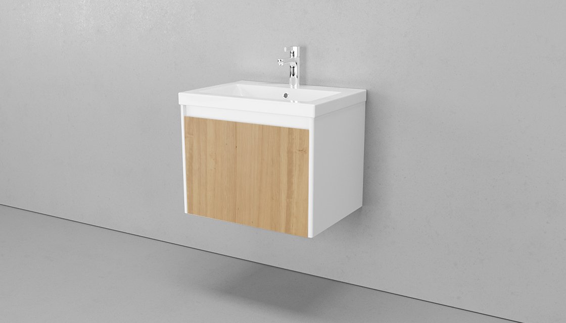 Мебель для ванной Velvex Klaufs 60 см подвесная, 1 ящик, белый глянец/дерево шатанэ