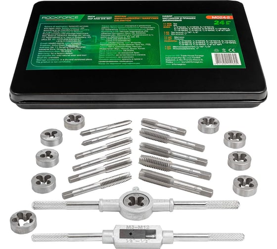 Набор метчиков и плашек дюймовый Rockforce 24 предмета (1/4", 5/16", 3/8", 7/16", 1/2"), в металлическом кейсе RF-M024-2(10458)