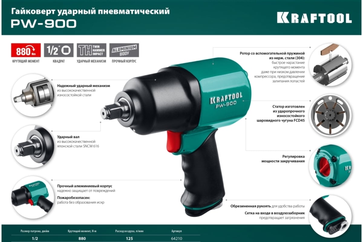 Ударный пневматический гайковерт Kraftool PW-900, 1/2" 64210