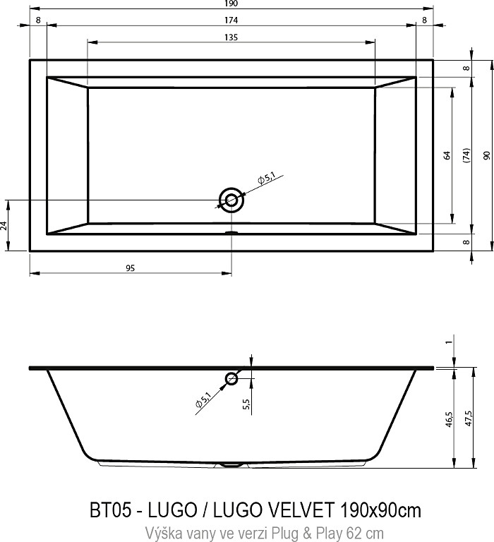 Акриловая ванна Riho Lugo Plug&Play 190x90 см L с монолитной панелью