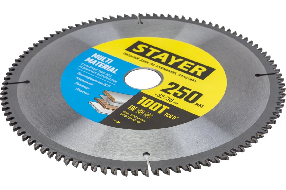Пильный диск по алюминию Stayer Multi Material 250x32/30 мм, 100Т, супер чистый рез 3685-250-32-100