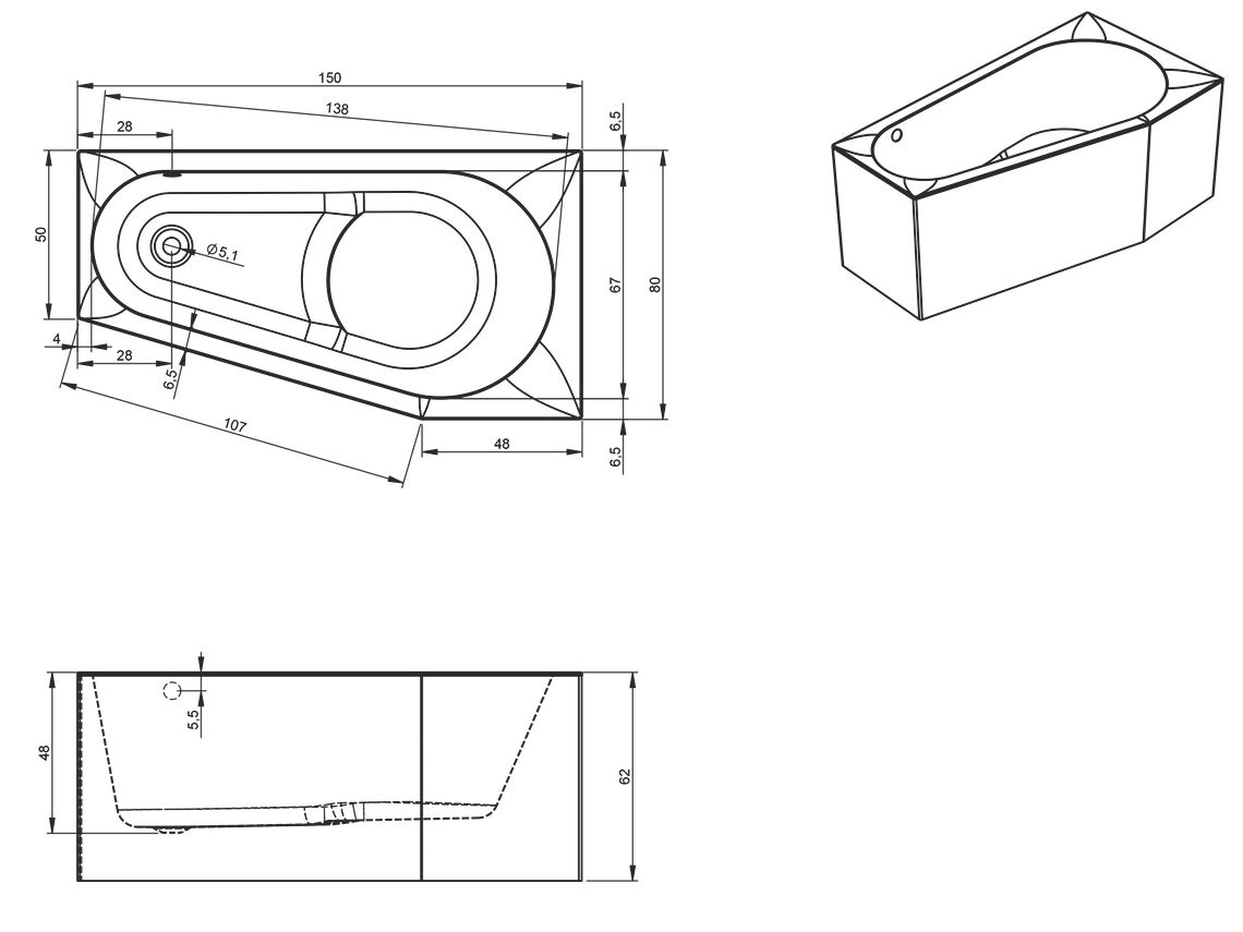 Акриловая ванна Riho Delta Plug & Play 150x80 L/R, с монолитной панелью