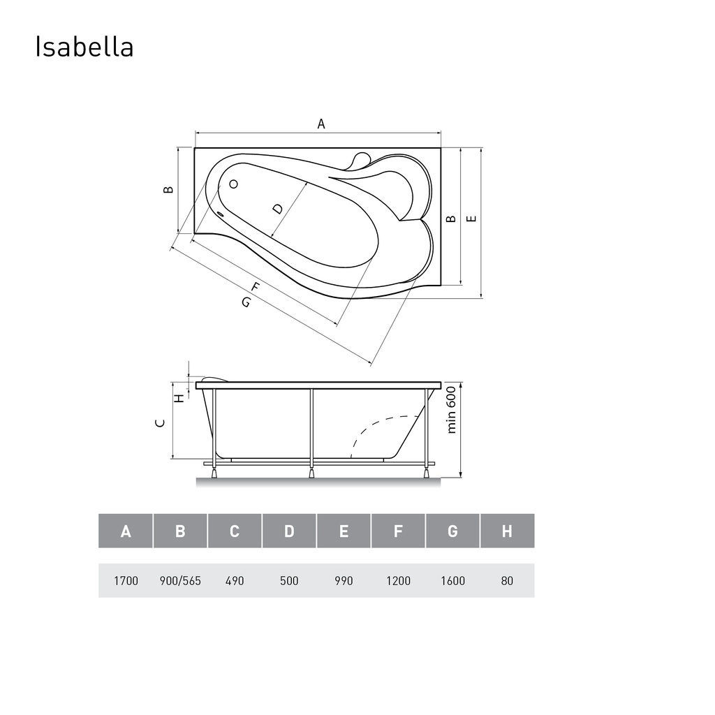 Акриловая ванна Relisan Isabella 170x90 см L