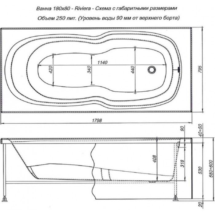 Акриловая ванна Aquanet Riviera 180x80 00230997