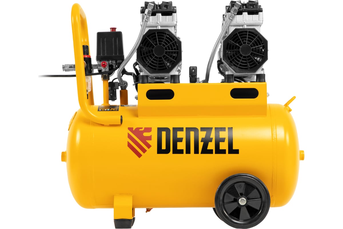 Безмаслянный малошумный компрессор Denzel DLS 1500/50, 1500 Вт, 2x750, 50 л, 260 л/мин 58027