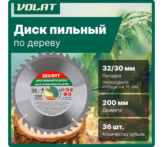 Диск пильный по дереву 200x32/30 мм, 36 зубьев ВОЛАТ 88140-36