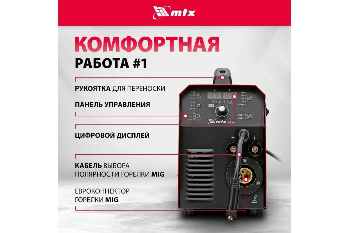 Инверторный аппарат полуавтоматической сварки MTX mig-180s, 180a, пв, катушка 5 кг 94302