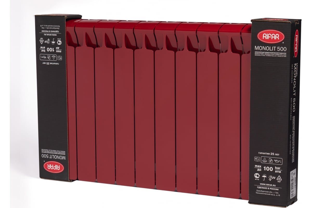Радиатор биметаллический Rifar 39 Monolit 500-12 Ду 3/4 RAL 3011 БОРДО RM500123/43011